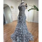 Vestidos de noche de lujo con corte sirena árabe azul y cuentas de perlas, elegantes para mujer, para fiesta de bodas 2025 LA72164 