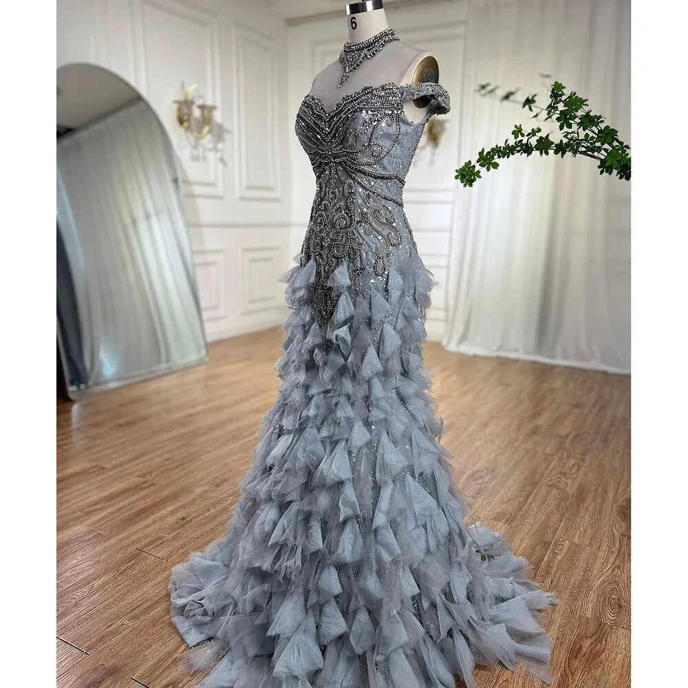Vestidos de noche de lujo con corte sirena árabe azul y cuentas de perlas, elegantes para mujer, para fiesta de bodas 2025 LA72164 