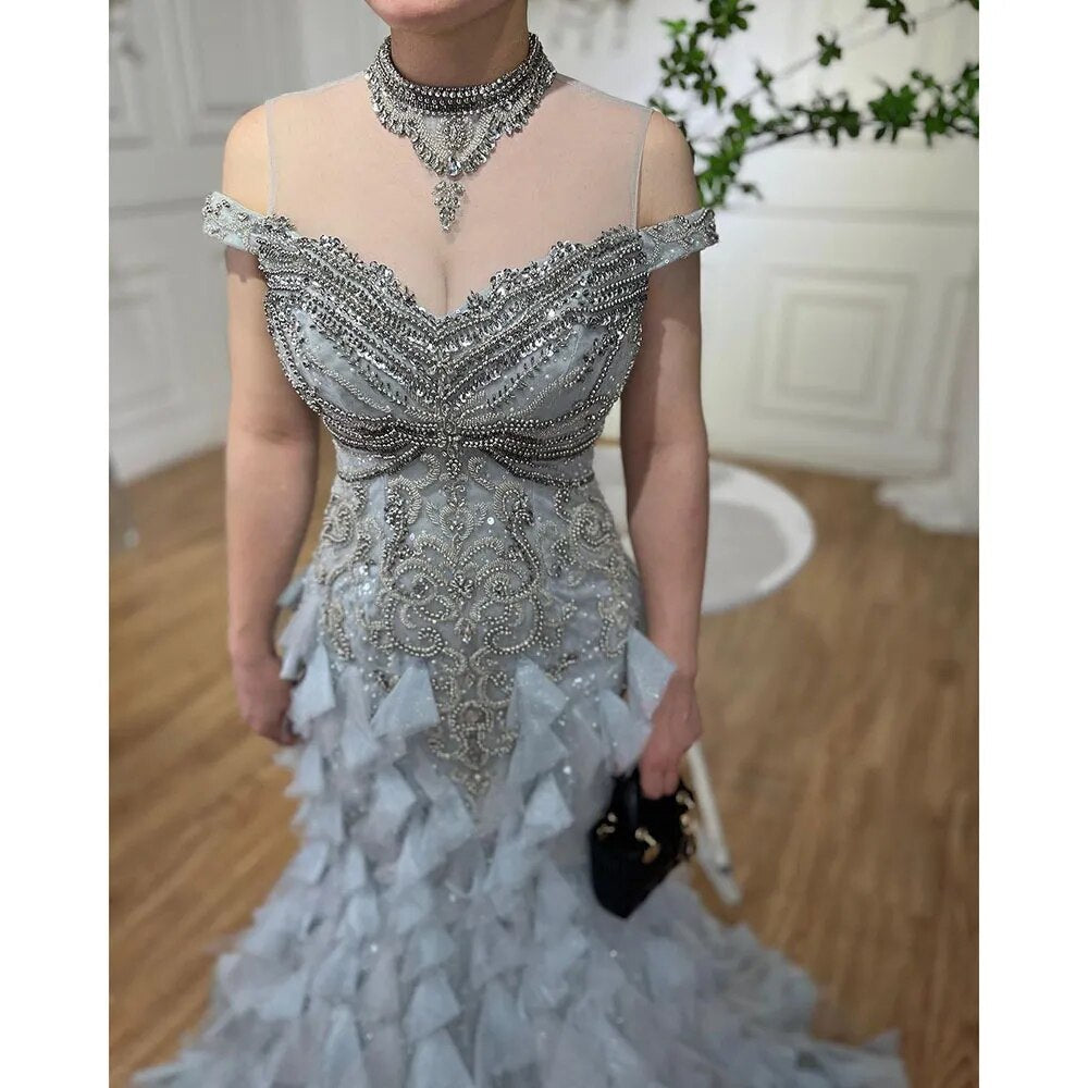 Vestidos de noche de lujo con corte sirena árabe azul y cuentas de perlas, elegantes para mujer, para fiesta de bodas 2025 LA72164 