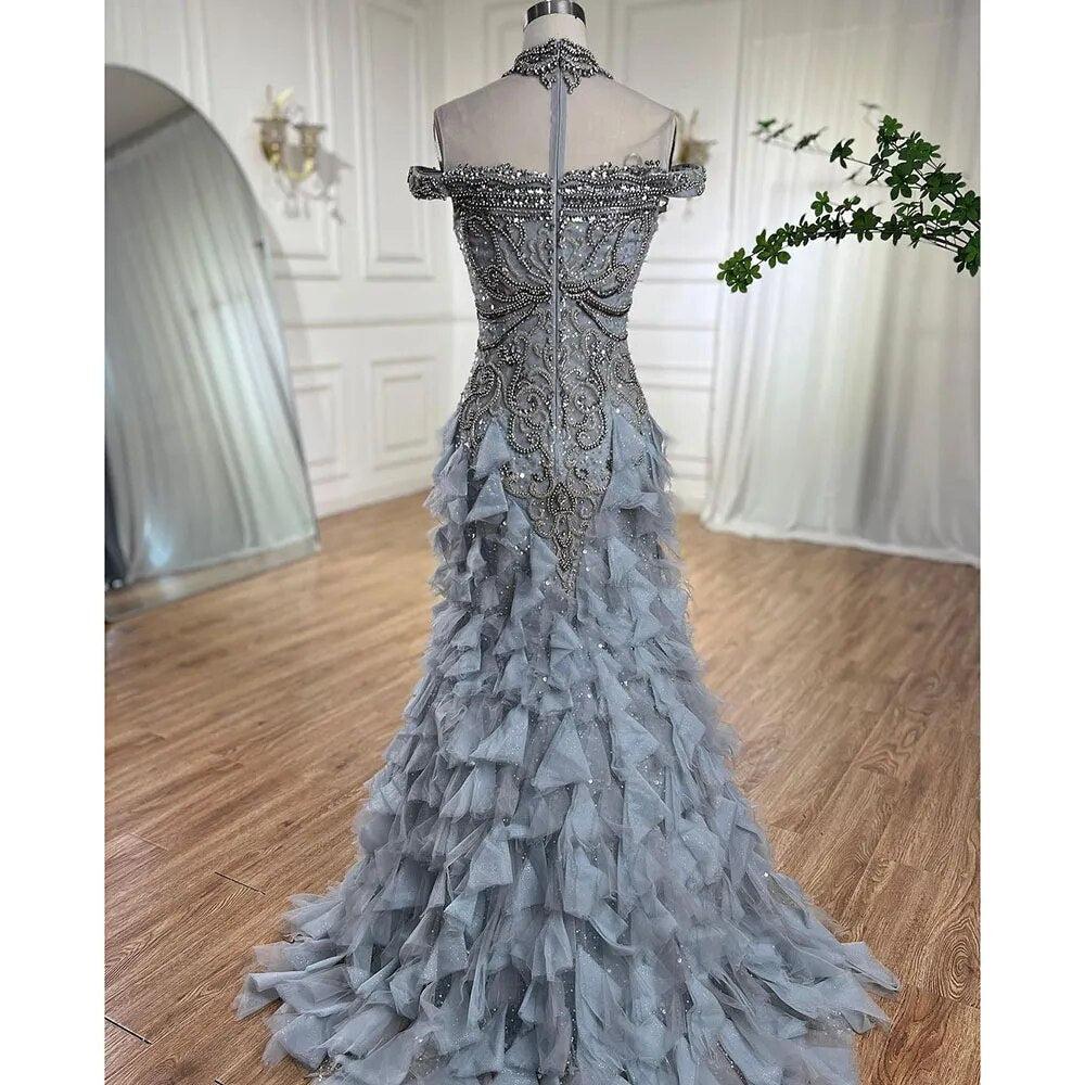 Vestidos de noche de lujo con corte sirena árabe azul y cuentas de perlas, elegantes para mujer, para fiesta de bodas 2025 LA72164 