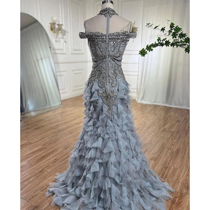Vestidos de noche de lujo con corte sirena árabe azul y cuentas de perlas, elegantes para mujer, para fiesta de bodas 2025 LA72164 