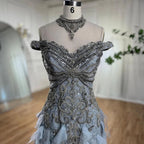 Vestidos de noche de lujo con corte sirena árabe azul y cuentas de perlas, elegantes para mujer, para fiesta de bodas 2025 LA72164 