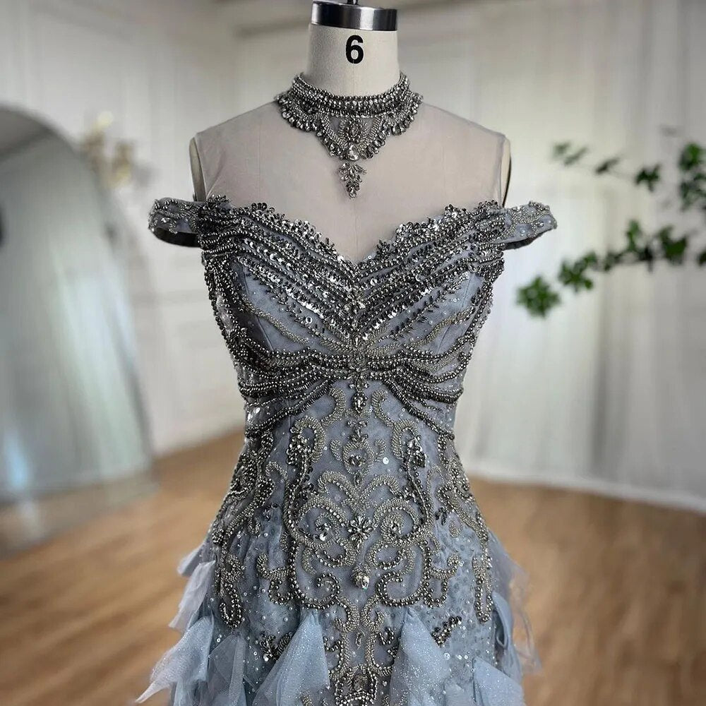 Vestidos de noche de lujo con corte sirena árabe azul y cuentas de perlas, elegantes para mujer, para fiesta de bodas 2025 LA72164 