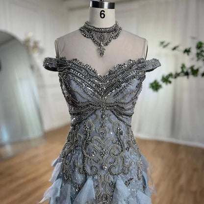 Vestidos de noche de lujo con corte sirena árabe azul y cuentas de perlas, elegantes para mujer, para fiesta de bodas 2025 LA72164 