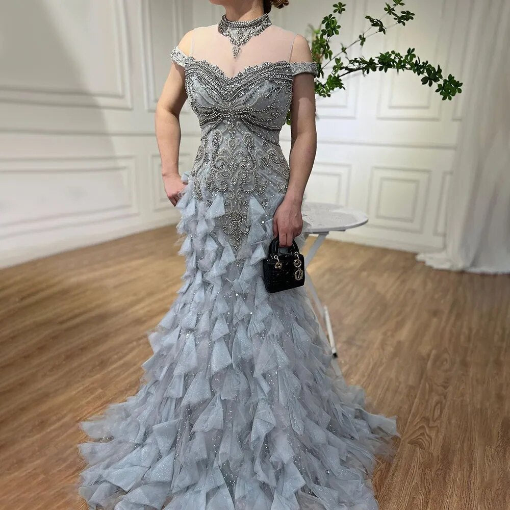 Vestidos de noche de lujo con corte sirena árabe azul y cuentas de perlas, elegantes para mujer, para fiesta de bodas 2025 LA72164 