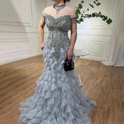 Vestidos de noche de lujo con corte sirena árabe azul y cuentas de perlas, elegantes para mujer, para fiesta de bodas 2025 LA72164 