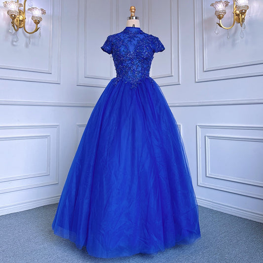 Vestido de noche azul de tul con mangas cortas y cuentas de lujo para mujer, 2025, para fiesta, LA70477 