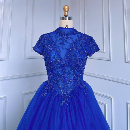 Vestido de noche azul de tul con mangas cortas y cuentas de lujo para mujer, 2025, para fiesta, LA70477 