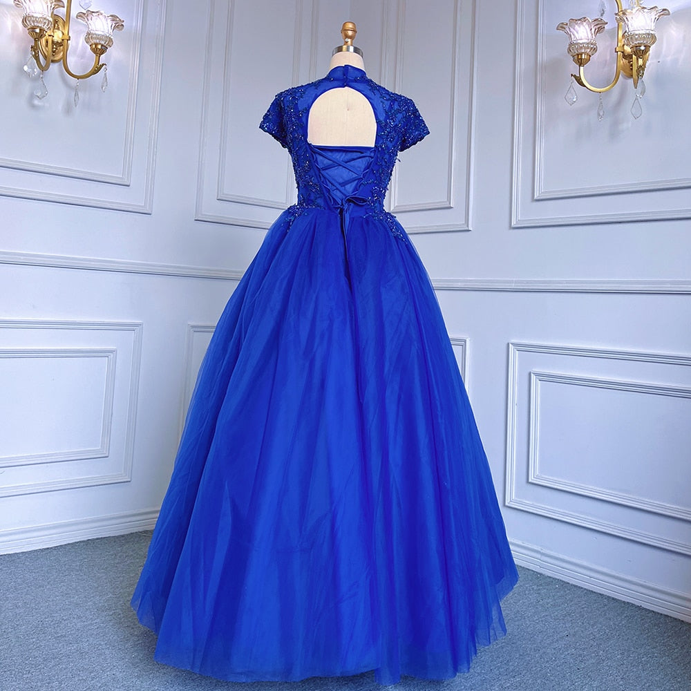 Vestido de noche azul de tul con mangas cortas y cuentas de lujo para mujer, 2025, para fiesta, LA70477 