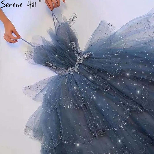 Vestidos de noche azules con cuentas brillantes y tirantes finos, sexys, para mujer, 2025, para fiesta, LA71292 