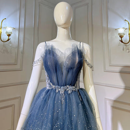 Vestidos de noche azules con cuentas brillantes y tirantes finos, sexys, para mujer, 2025, para fiesta, LA71292 