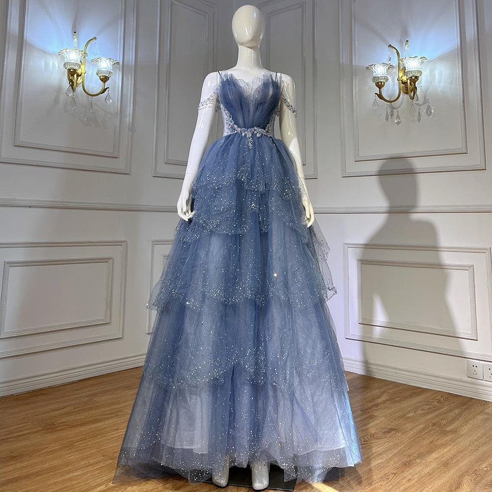 Vestidos de noche azules con cuentas brillantes y tirantes finos, sexys, para mujer, 2025, para fiesta, LA71292 
