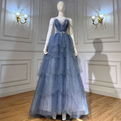Vestidos de noche azules con cuentas brillantes y tirantes finos, sexys, para mujer, 2025, para fiesta, LA71292 