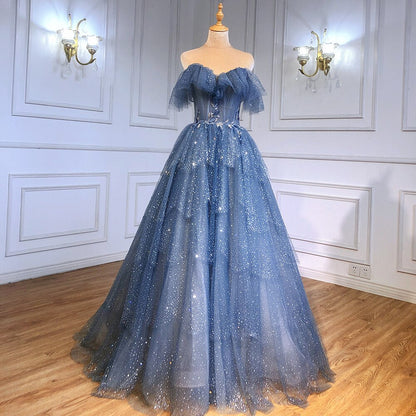 Vestidos de noche azules con cuentas brillantes y tirantes finos, sexys, para mujer, 2025, para fiesta, LA71292 