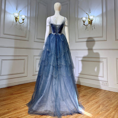 Vestidos de noche azules con cuentas brillantes y tirantes finos, sexys, para mujer, 2025, para fiesta, LA71292 