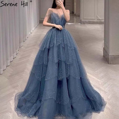 Vestidos de noche azules con cuentas brillantes y tirantes finos, sexys, para mujer, 2025, para fiesta, LA71292 