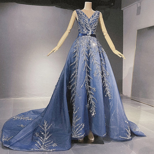 Vestidos de noche azules con cuentas brillantes, escote en V, sexys, de lujo, corte A, para mujer, fiesta, LA71508 