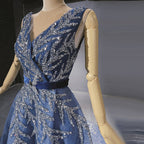 Vestidos de noche azules con cuentas brillantes, escote en V, sexys, de lujo, corte A, para mujer, fiesta, LA71508 