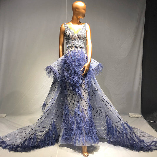 Vestidos de noche con plumas y cuentas azules, estilo sirena, de lujo, elegantes, para mujer, para fiesta de boda, LA71586 