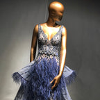 Vestidos de noche con plumas y cuentas azules, estilo sirena, de lujo, elegantes, para mujer, para fiesta de boda, LA71586 