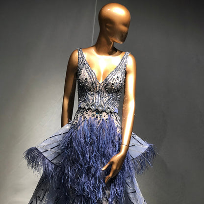 Vestidos de noche con plumas y cuentas azules, estilo sirena, de lujo, elegantes, para mujer, para fiesta de boda, LA71586 