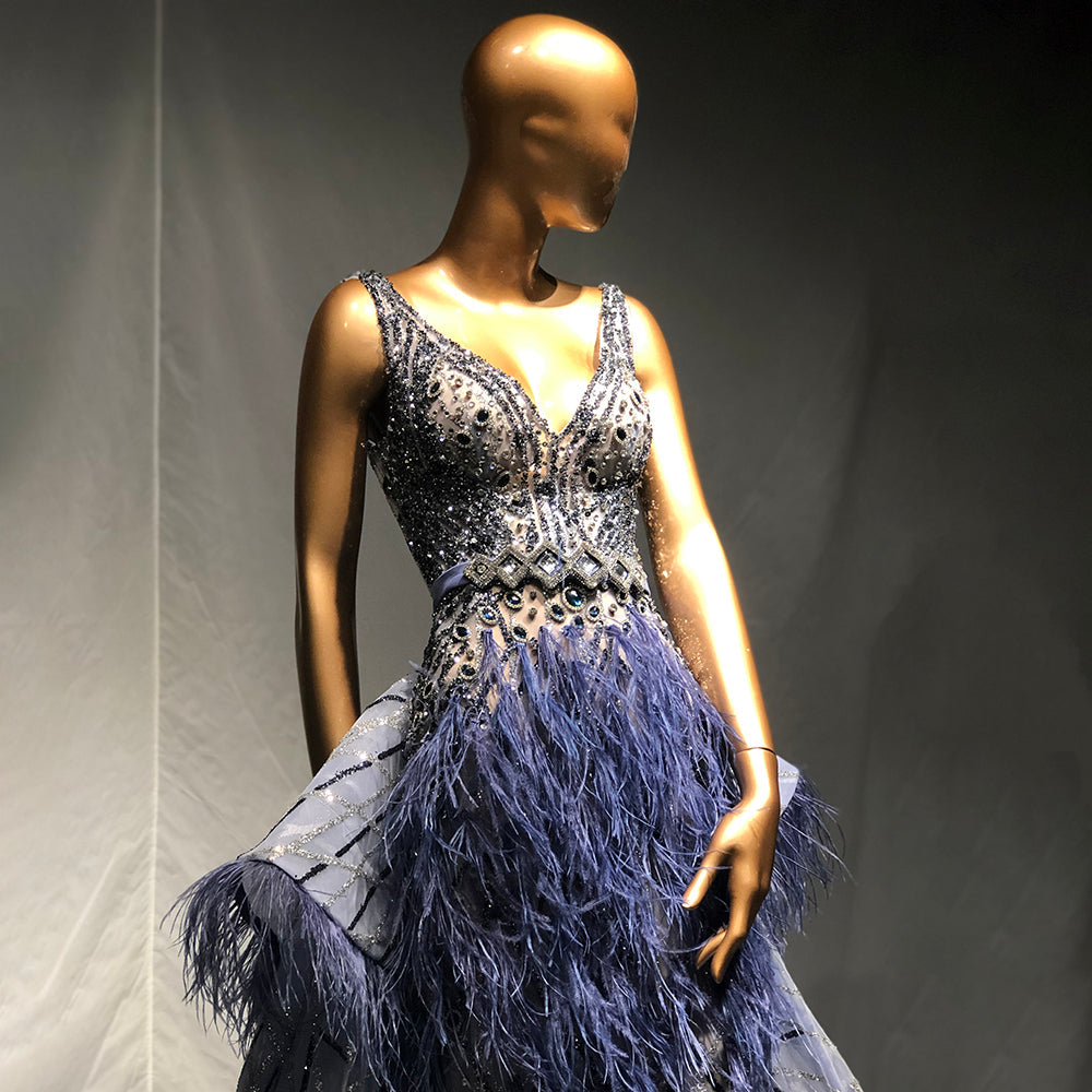 Vestidos de noche con plumas y cuentas azules, estilo sirena, de lujo, elegantes, para mujer, para fiesta de boda, LA71586 