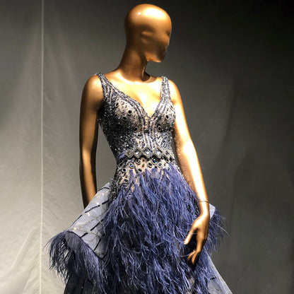 Vestidos de noche con plumas y cuentas azules, estilo sirena, de lujo, elegantes, para mujer, para fiesta de boda, LA71586 