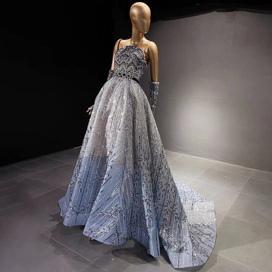 Vestidos de noche de lujo con cuentas azules, mangas desmontables, corte A, para mujer, fiesta, LA71506 
