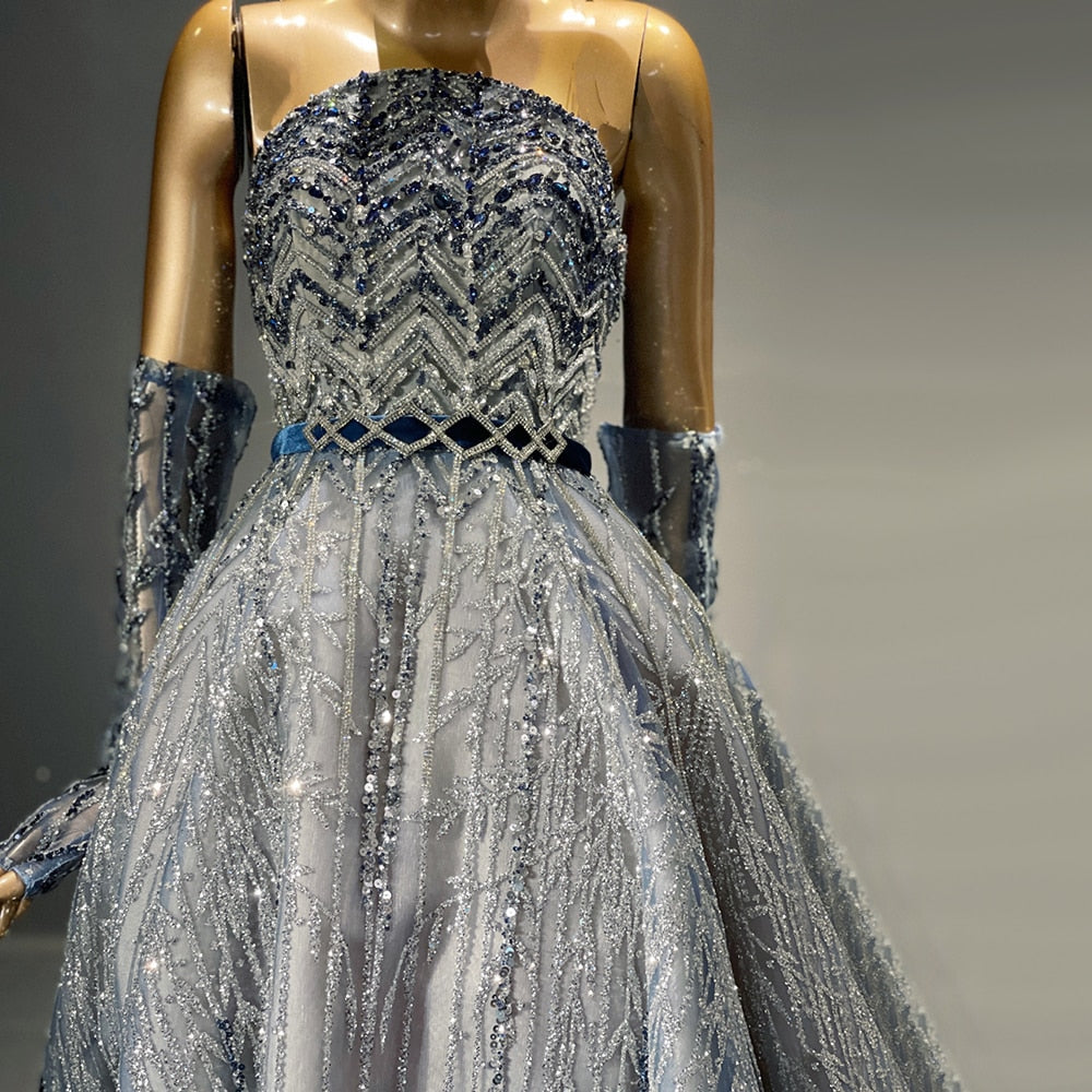 Blue Beaded Luxury Evening Dresses Gowns 2025 Detachable Sleeves A-Line For Women Party LA71506