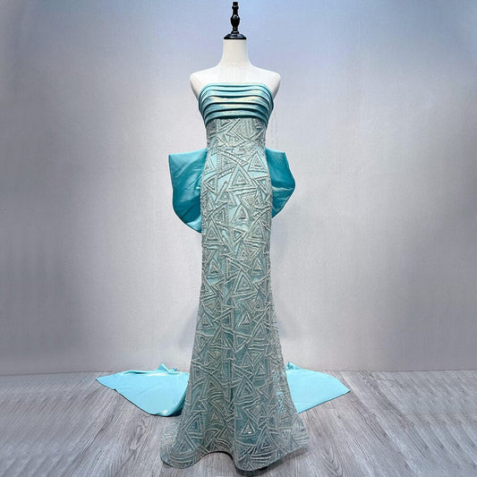Vestidos de noche de sirena con cuentas azules 2025, elegantes vestidos para fiesta de compromiso LA72110 