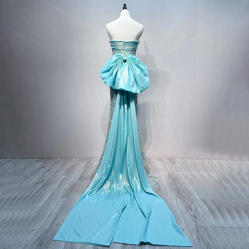 Vestidos de noche de sirena con cuentas azules 2025, elegantes vestidos para fiesta de compromiso LA72110 