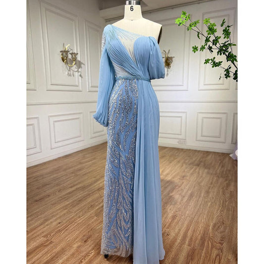 Vestidos de noche de sirena con cuentas azules, elegantes vestidos largos árabes formales para mujer, fiesta de bodas 2025 LA72103 