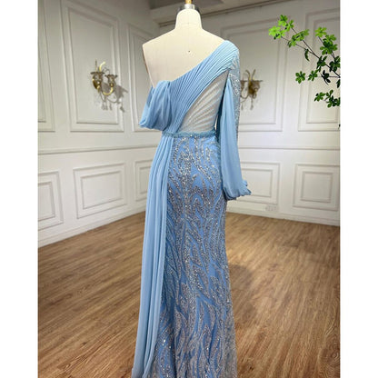 Vestidos de noche de sirena con cuentas azules, elegantes vestidos largos árabes formales para mujer, fiesta de bodas 2025 LA72103 