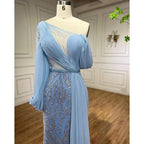 Blaue Perlen Meerjungfrau Abendkleider Elegante Lange Arabische Abendkleider für Frauen Hochzeit Party 2025 LA72103 