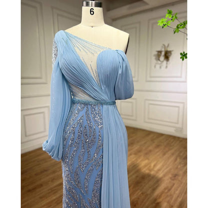 Vestidos de noche de sirena con cuentas azules, elegantes vestidos largos árabes formales para mujer, fiesta de bodas 2025 LA72103 