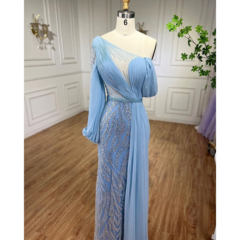 Vestidos de noche de sirena con cuentas azules, elegantes vestidos largos árabes formales para mujer, fiesta de bodas 2025 LA72103 
