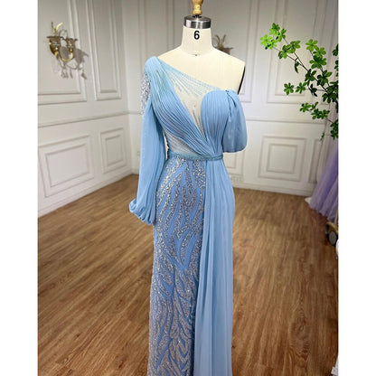 Vestidos de noche de sirena con cuentas azules, elegantes vestidos largos árabes formales para mujer, fiesta de bodas 2025 LA72103 