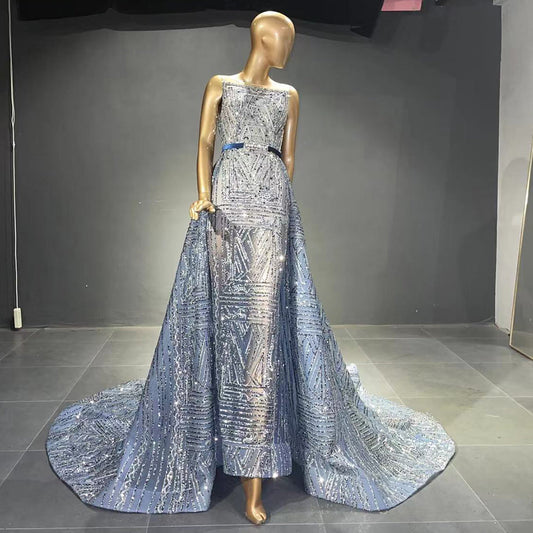 Vestidos de noche azules sin mangas con cuentas, 2025, de lujo, corte A, para mujer, para boda, fiesta, LA71588 