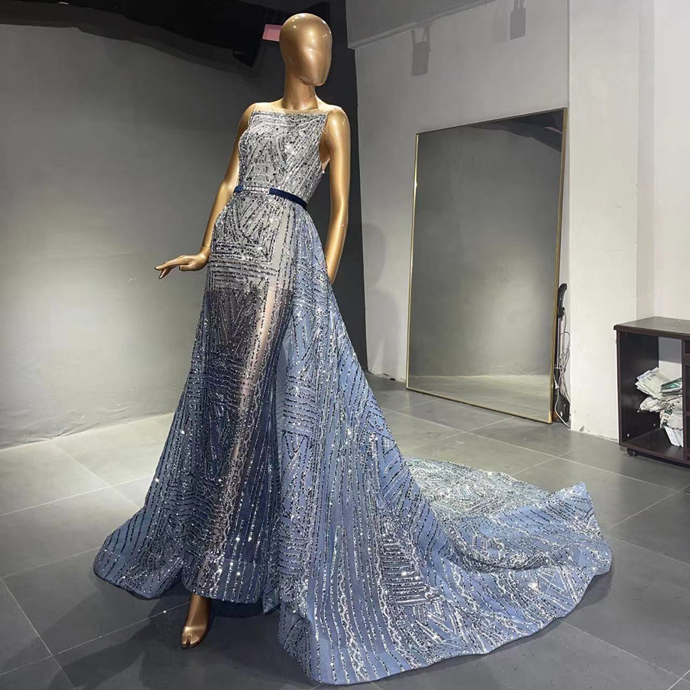 Blau Perlen Ärmellose Abendkleider Kleider 2025 Luxus A-linie Überrock Für Frauen Hochzeit Party LA71588 