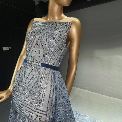Vestidos de noche azules sin mangas con cuentas, 2025, de lujo, corte A, para mujer, para boda, fiesta, LA71588 