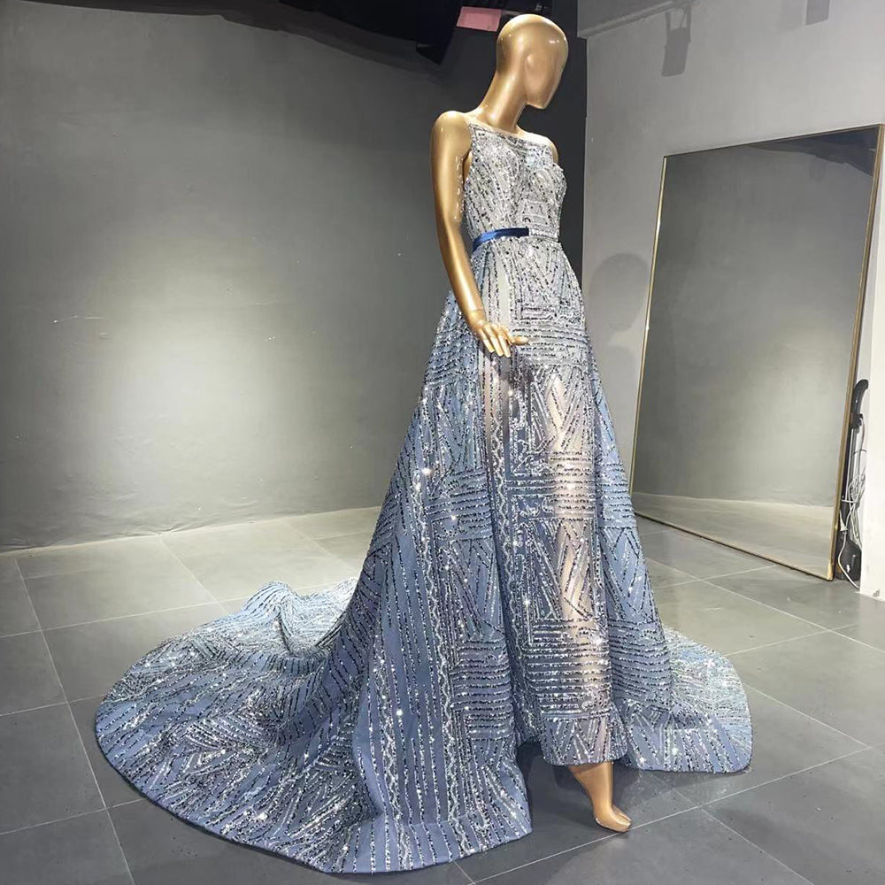Vestidos de noche azules sin mangas con cuentas, 2025, de lujo, corte A, para mujer, para boda, fiesta, LA71588 