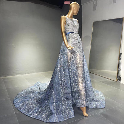 Vestidos de noche azules sin mangas con cuentas, 2025, de lujo, corte A, para mujer, para boda, fiesta, LA71588 