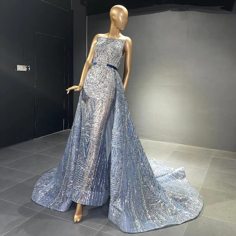 Blau Perlen Ärmellose Abendkleider Kleider 2025 Luxus A-linie Überrock Für Frauen Hochzeit Party LA71588 