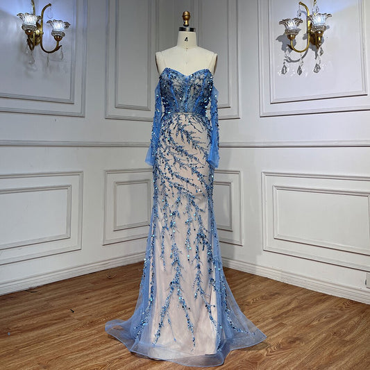 Vestidos de noche de sirena con escote barco azul y mangas largas, 2025, vestidos formales para mujer, fiesta de boda LA71653C 