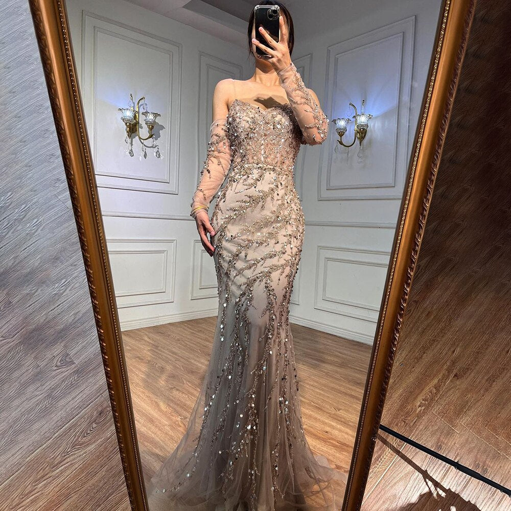 Vestidos de noche de sirena con escote barco azul y mangas largas, 2025, vestidos formales para mujer, fiesta de boda LA71653C 