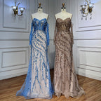 Blue Boat Neck Long Sleeves Mermaid Evening Dresses 2025 Formal Gowns For Women Wedding Party LA71653C