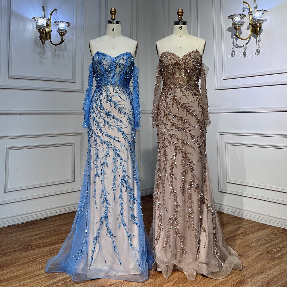 Vestidos de noche de sirena con escote barco azul y mangas largas, 2025, vestidos formales para mujer, fiesta de boda LA71653C 