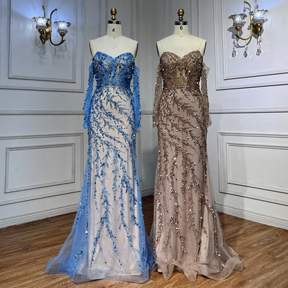 Vestidos de noche de sirena con escote barco azul y mangas largas, 2025, vestidos formales para mujer, fiesta de boda LA71653C 