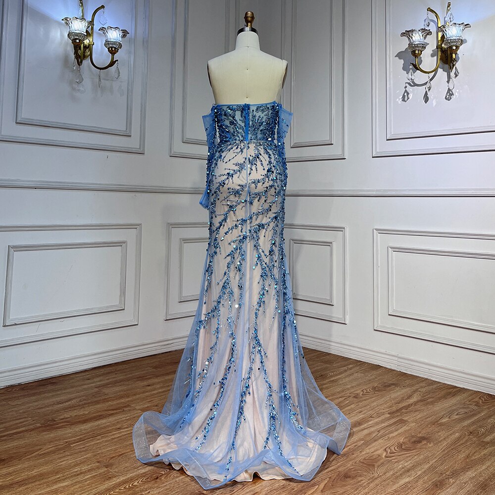 Vestidos de noche de sirena con escote barco azul y mangas largas, 2025, vestidos formales para mujer, fiesta de boda LA71653C 