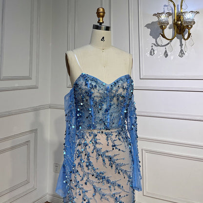 Vestidos de noche de sirena con escote barco azul y mangas largas, 2025, vestidos formales para mujer, fiesta de boda LA71653C 